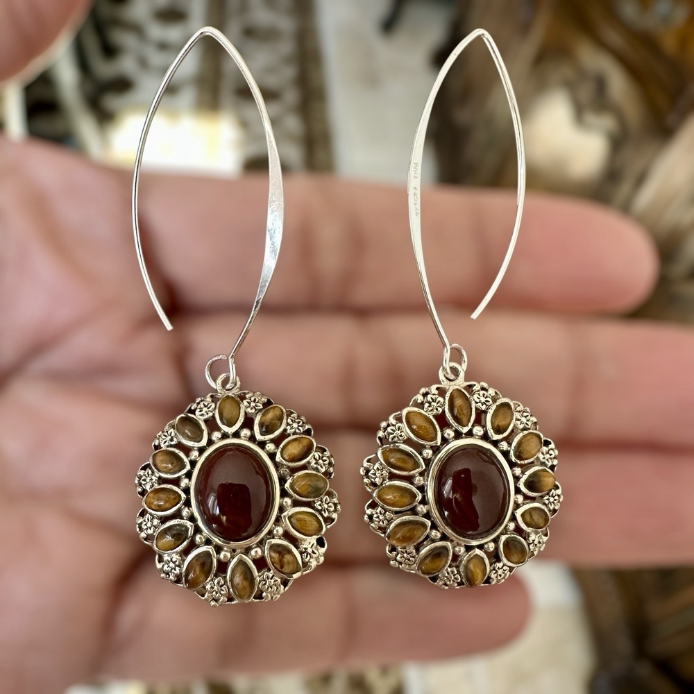 CFJ  Hook Dangle Earrings 2.5 Inch Carnelian Tiger‎ Quartz 925 Sterling 8.9g